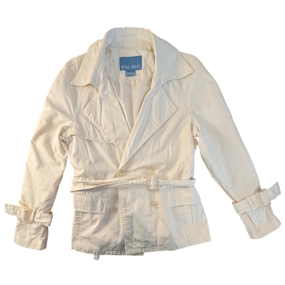 Vintage Y2K Trench Coat Double‎ Breasted Jacket Nine West Cream Belted Cropped M